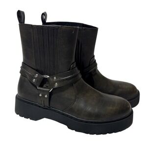 ShoeDazzle Harness Moto Boots Gray Leather Platform Log Sole 8.5 9 Grunge Biker